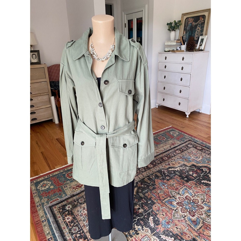 Mainstrip Sage Green‎ Cotton Utility Jacket Button Up Waist Tie CJ60740 Large